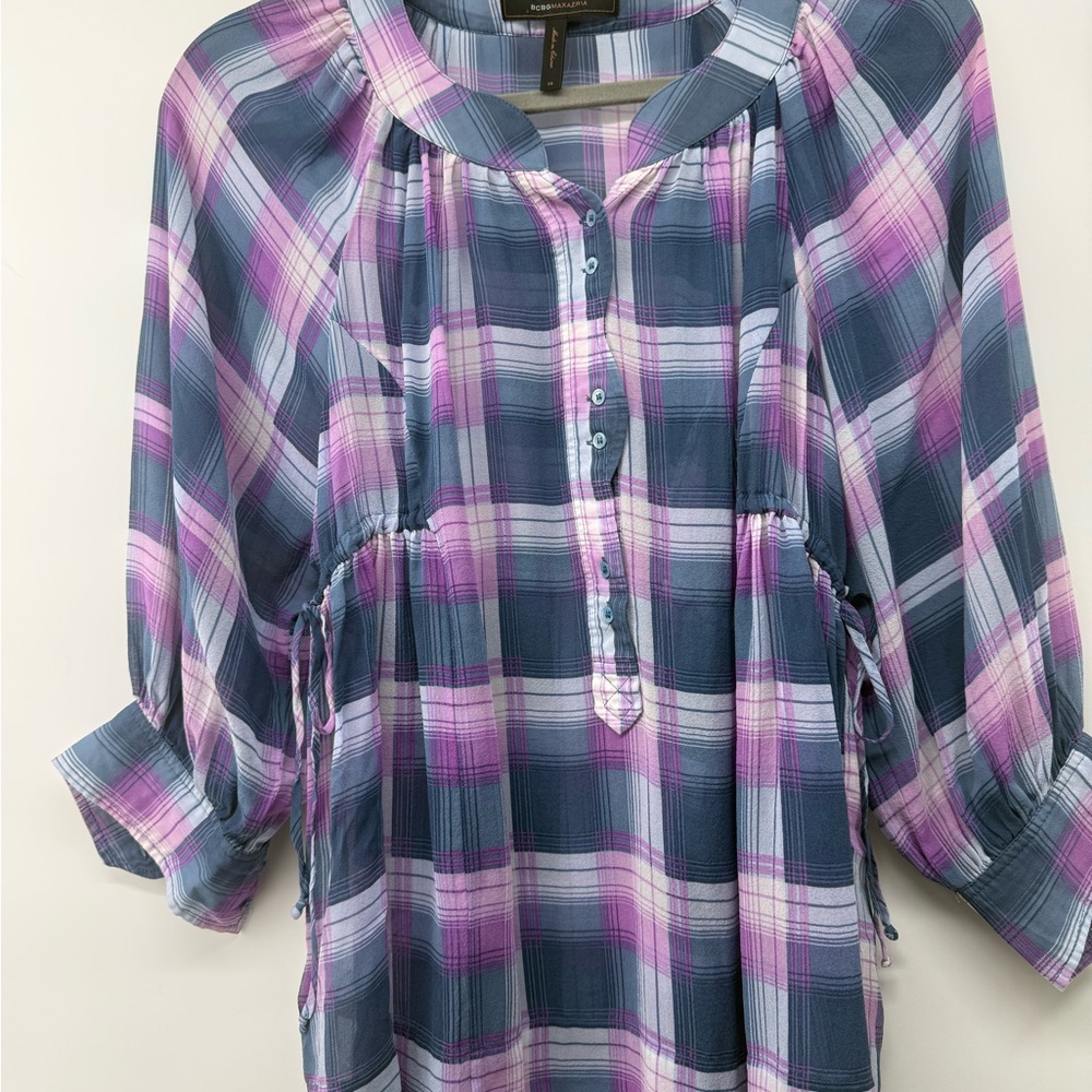 BCBGMaxAzria Purple and Navy Plaid Peasant Tunic 100% silk